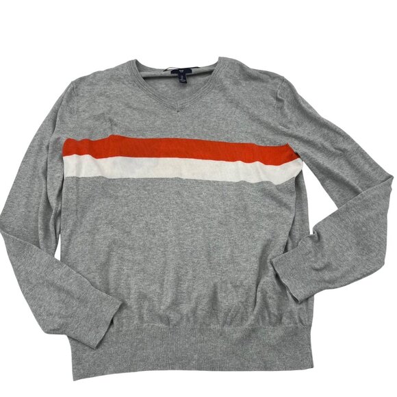 Gap Gray V-Neck Sweater With Orange & White Stripe 100% Cotton Size L - Picture 1 of 6